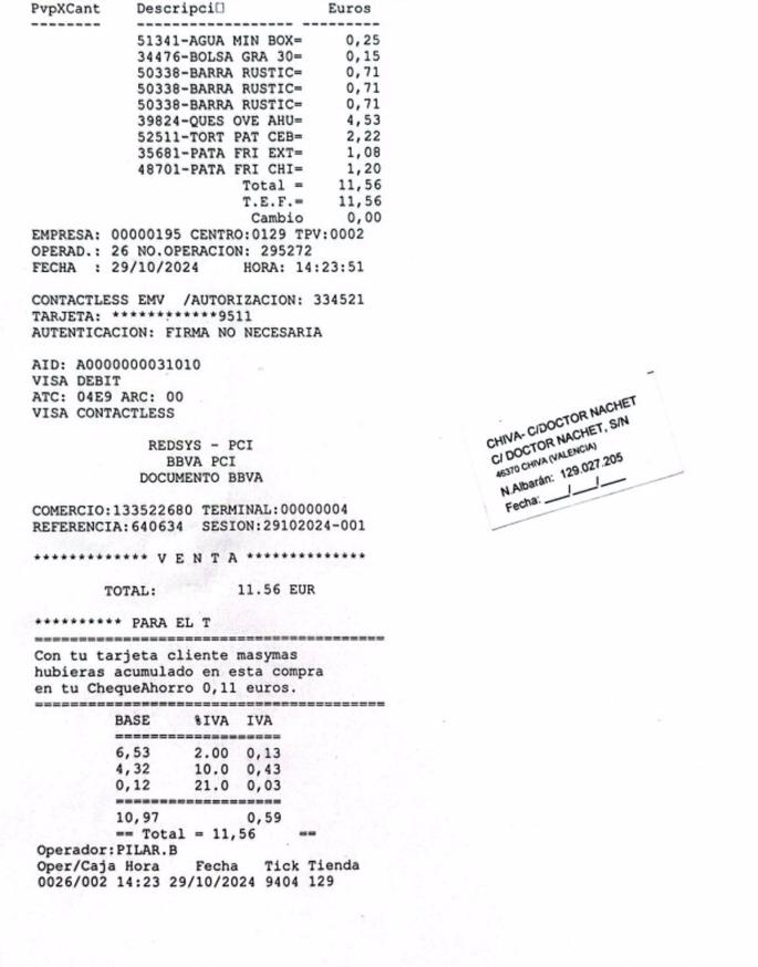 Ticket de compra de los bomberos desplazados al barranco del Poyo el 29 de octubre, día de la dana.