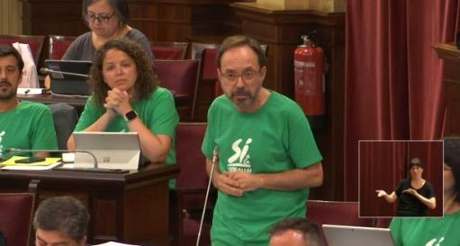 Los diputados de Més han acudido este martes al pleno del Parlament con camisetas verdes de 'Sí a la Llengua'