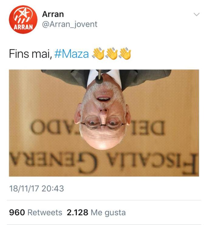 Arran publicó este tuit minutos después de conocerse el fallecimiento del fiscal general del Estado, José Manuel Maza.