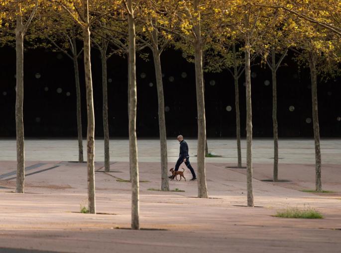 Un hombre pasea con su perro por una de las calles de Barcelona