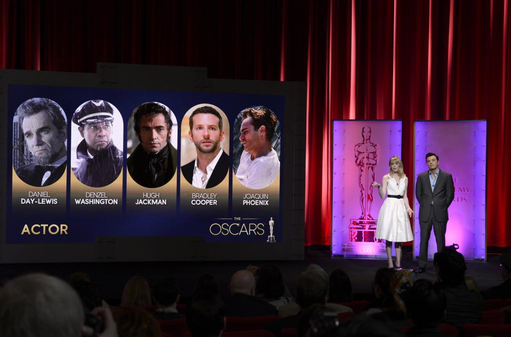 Hosts Stone and MacFarlane read the Best Actor nominees at the 85th Academy Awards nominee announcements in Beverly Hills, Calif