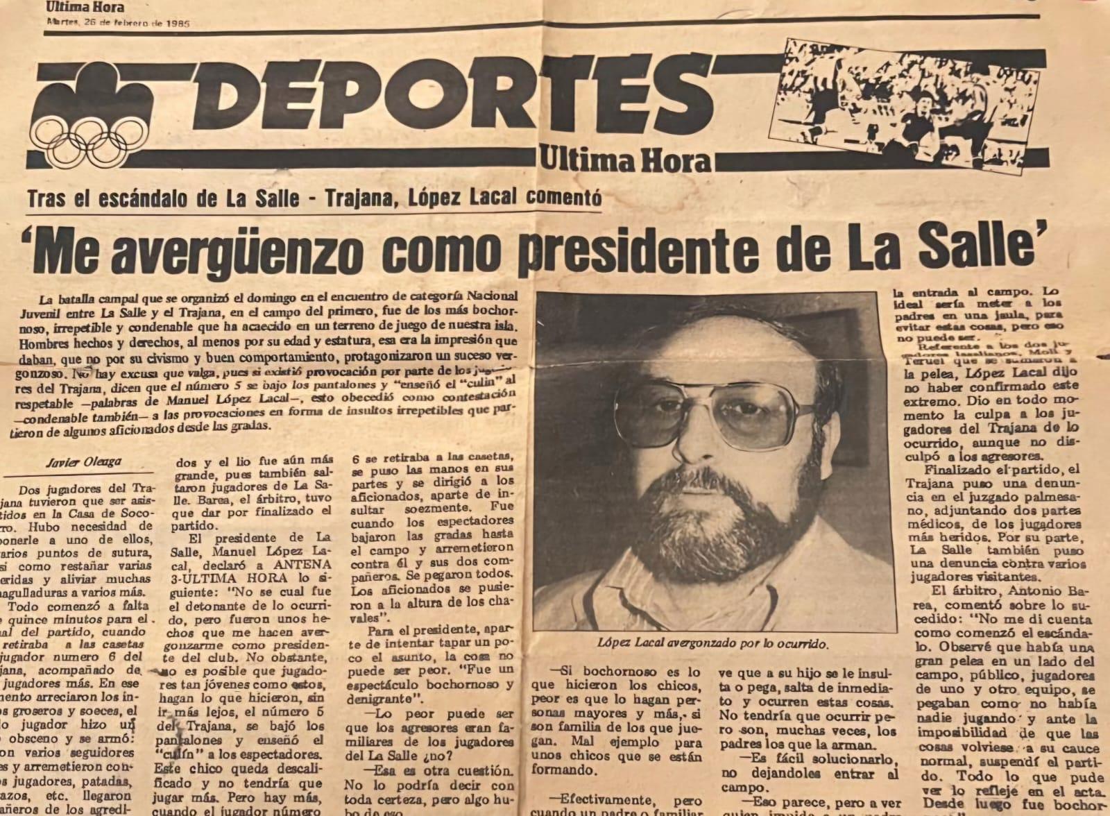 Un recorte de Ultima Hora de los años 80 cuando La Salle se vio implicado en un conflicto en un partido.