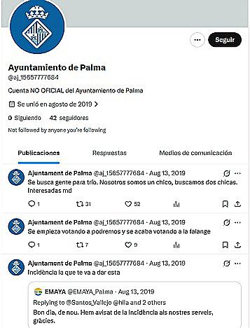 Una cuenta ‘fake’ de Cort inactiva desde 2019 invita a tríos e insulta a ciudadanos