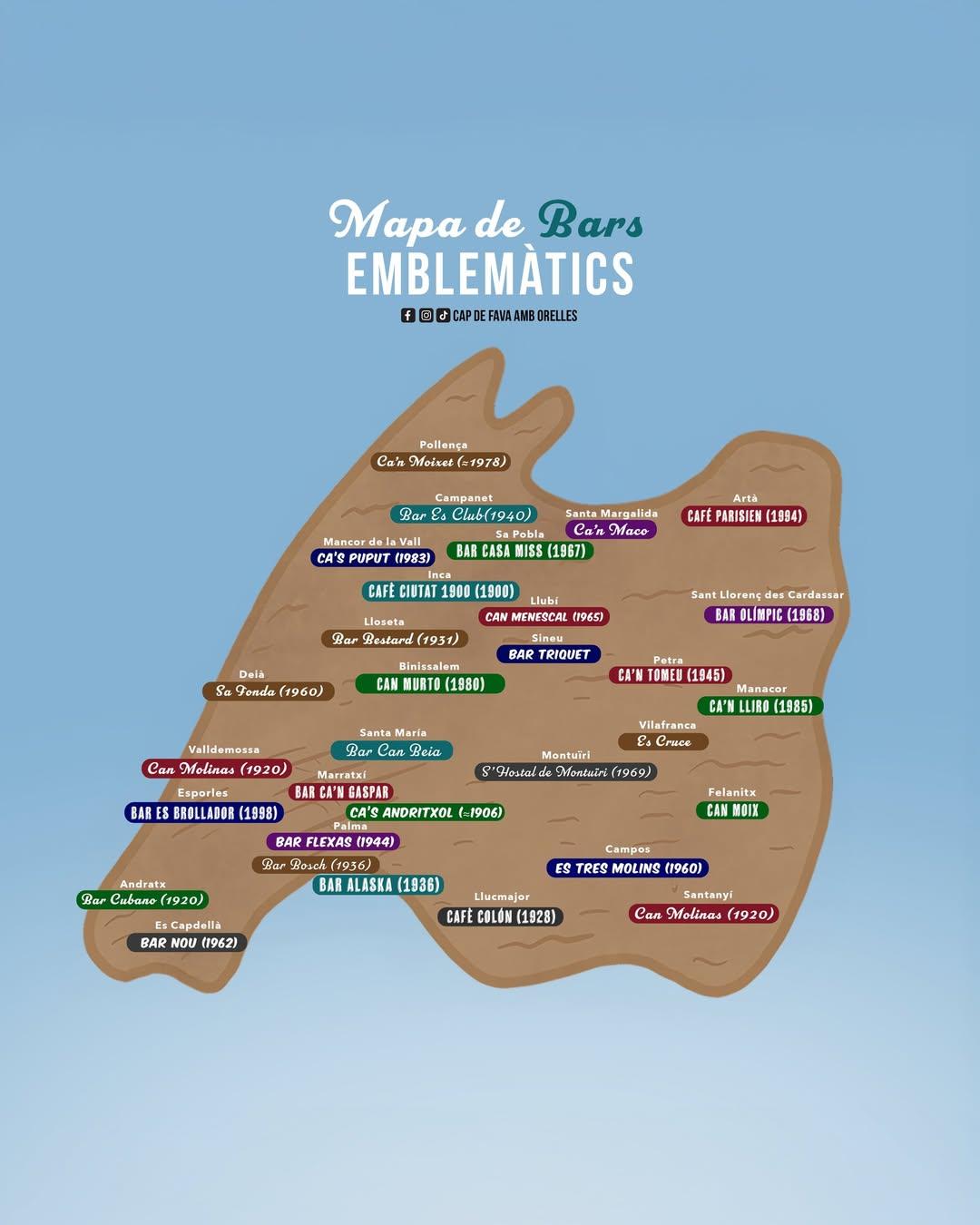 Mapa de los bares míticos y más auténticos de Mallorca, pueblo a pueblo