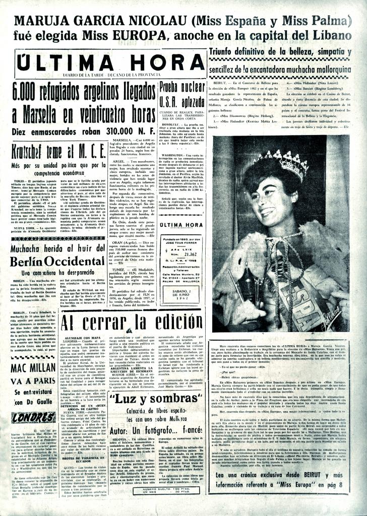 portada de La Última Hora en 1962