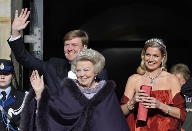 Queen Beatrix of the Netherlands, Crown Prince Willem-Alexander and his wife leave the Royal Palace in Amsterdam