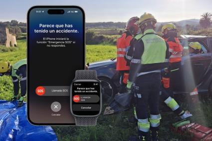 Montaje del mensaje que envía este dispositivo sobre una de las imágenes del grave accidente de Porreres