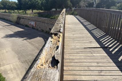 Es más que evidente el deterioro tanto del pasamanos de la balaustrada del puente de madera como parte de su piso, en el que apa