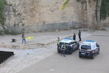 Cuatro agentes de la Policía Nacional junto al cadáver del hombre, este martes, en Ses Voltes.