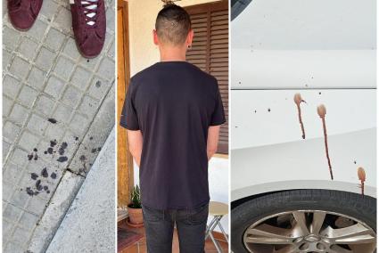 Uno de los jovenes agredidos junto a la sangre provocada por los golpes que recibieron, que llegó a salpicar tanto en la acera como en el coche