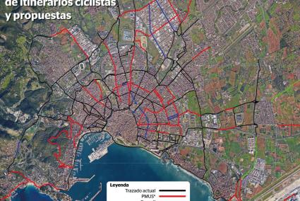 Mapa de la red actual de itinerarios ciclistas y propuestas.