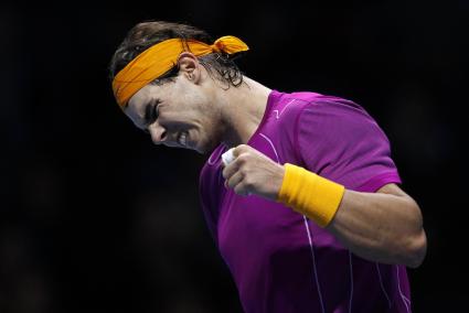 Spain's Nadal reacts during his single match against Roddick of the US at the ATP World Tour Finals in London