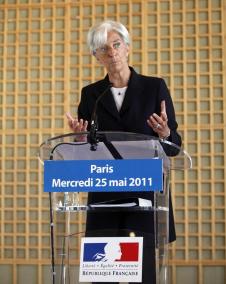 France's Finance Minister Christine Lagarde announces her candidacy to head the IMF during press conference in Paris