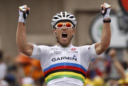 Garmin -Cervelo rider Thor Hushovd of Norway celebrates at the end of 13th stage of the Tour de France 2011 cycling race