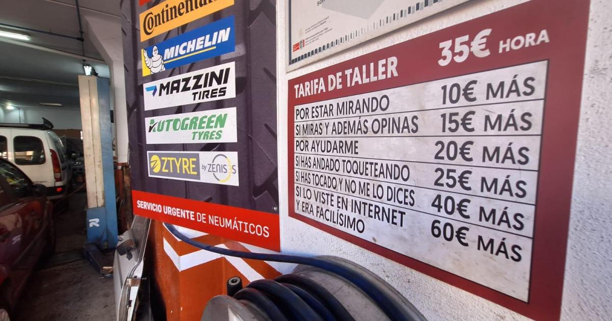 La simpática tabla de 'precios' de un taller mecánico de Palma: de 10 euros «por mirar» a 60 «si lo viste en internet»